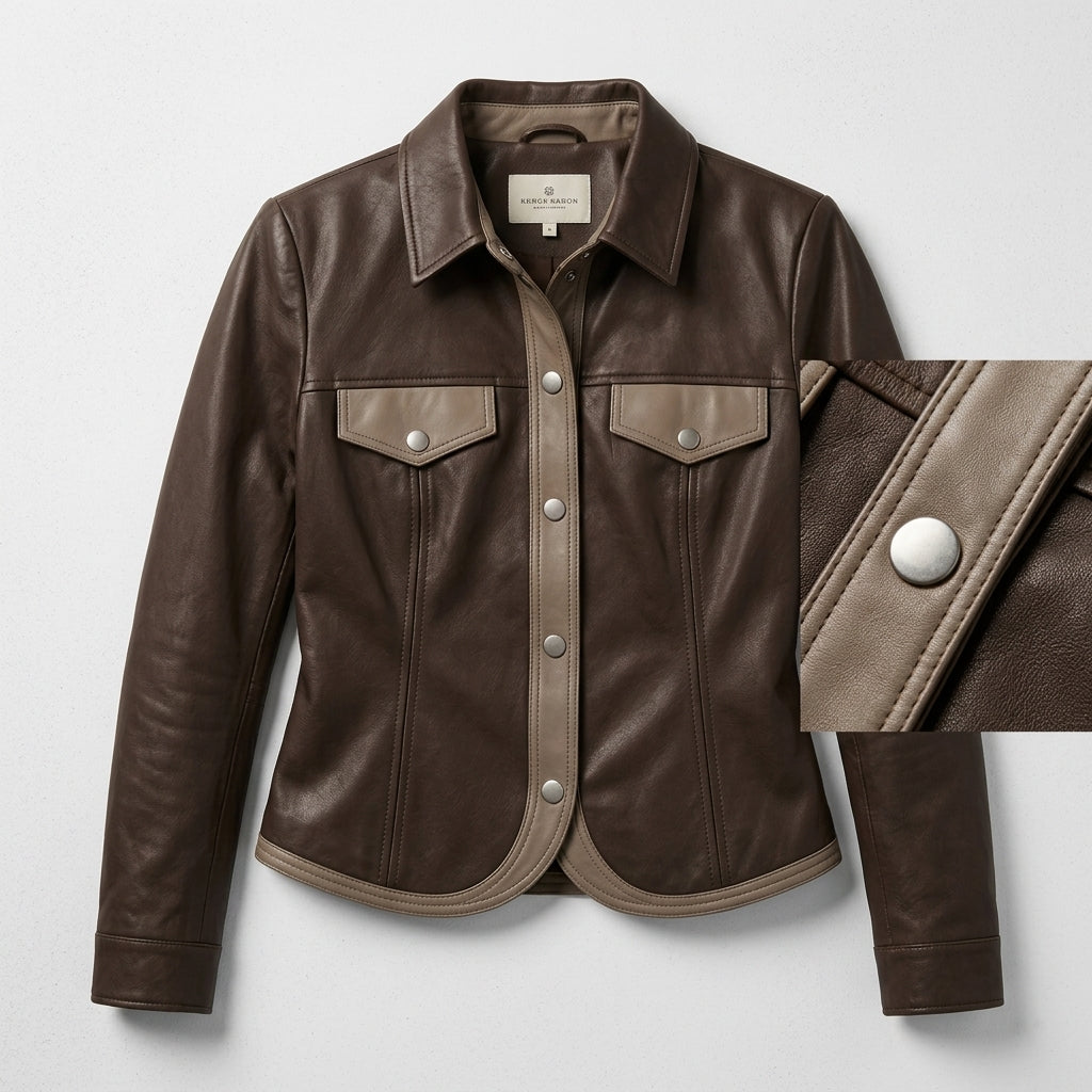 Hakubi - Veste courte effet cuir marron - Vue détails et coupe