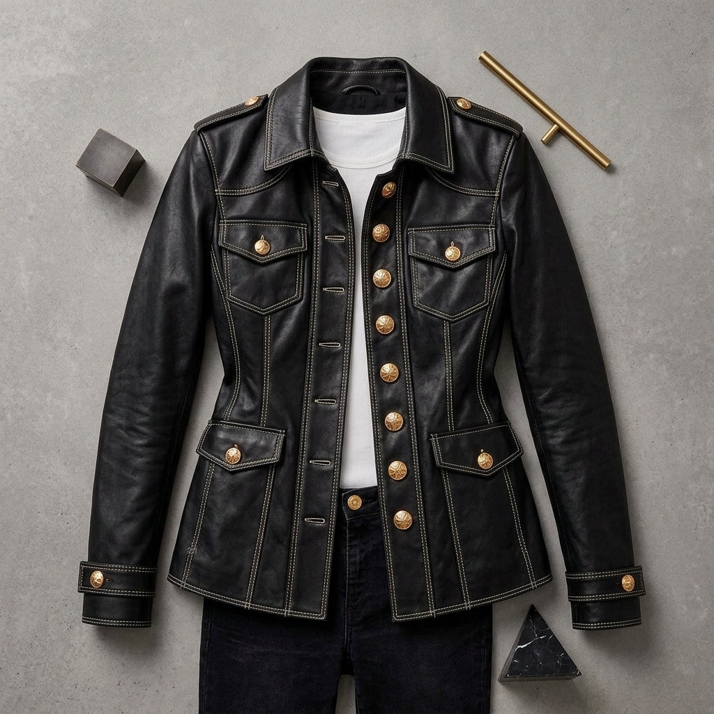 Mana - Veste militaire noire effet cuir - Vue détails et finitions