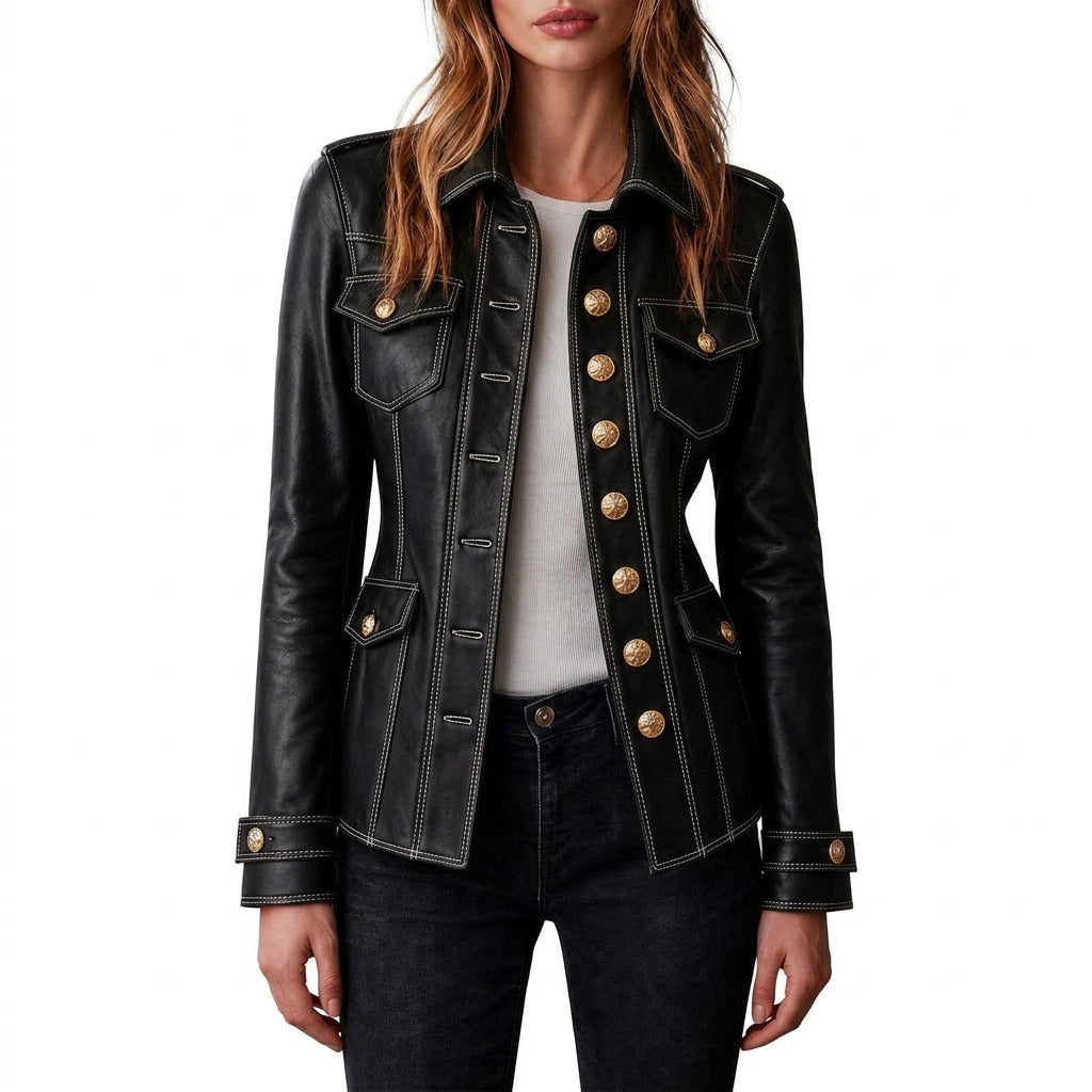 Mana - Veste militaire noire effet cuir - Vue studio principale