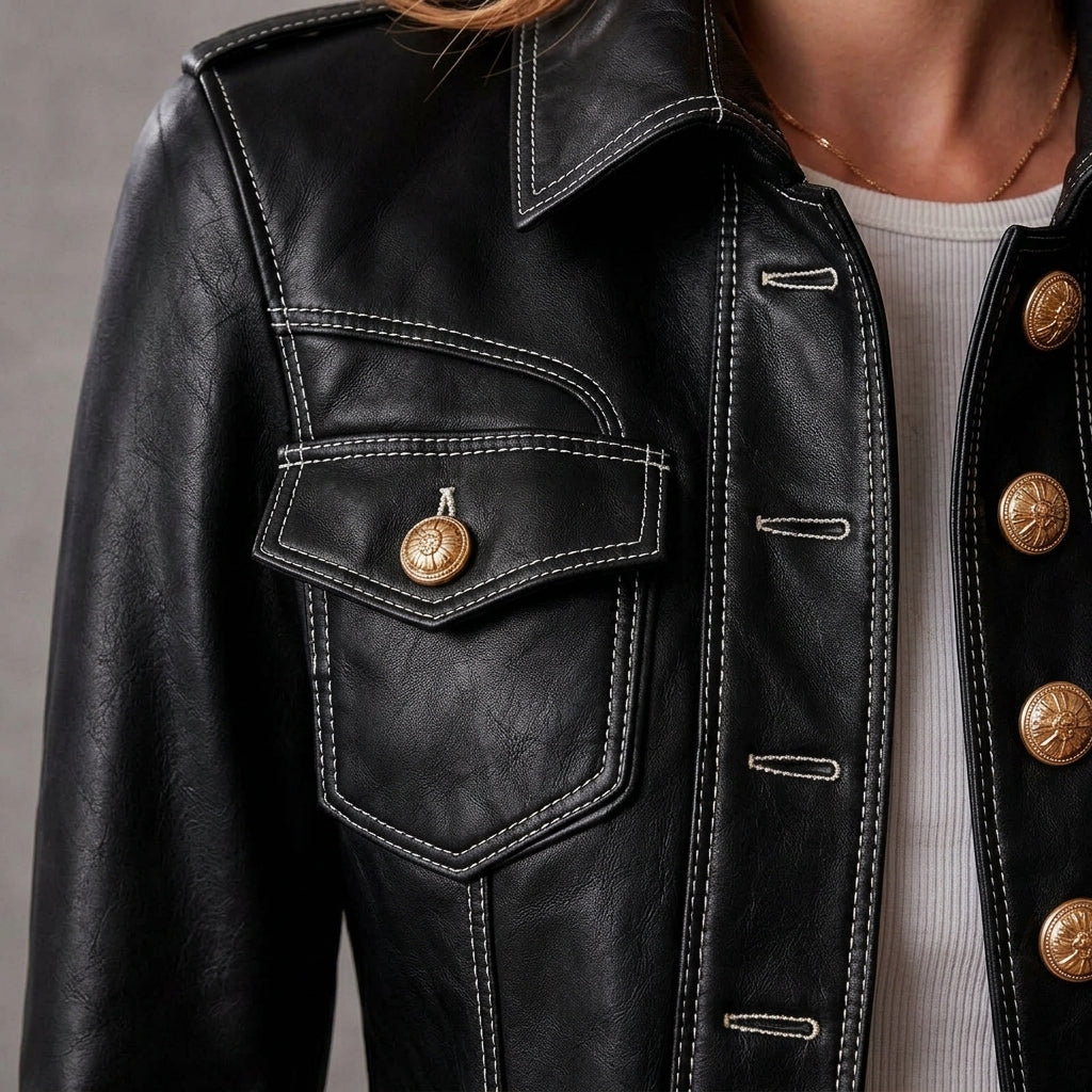 Mana - Veste militaire noire effet cuir - Gros plan boutons dorés et surpiqûres
