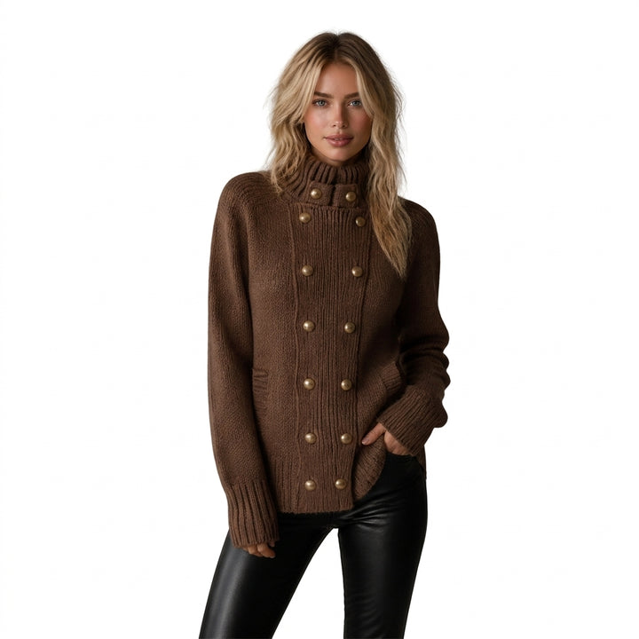 Cardigan croisé Fuuka en grosse maille marron sur fond blanc