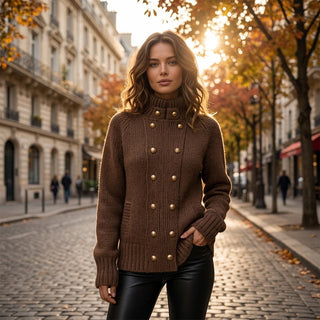 Cardigan croisé Fuuka marron porté en extérieur automne