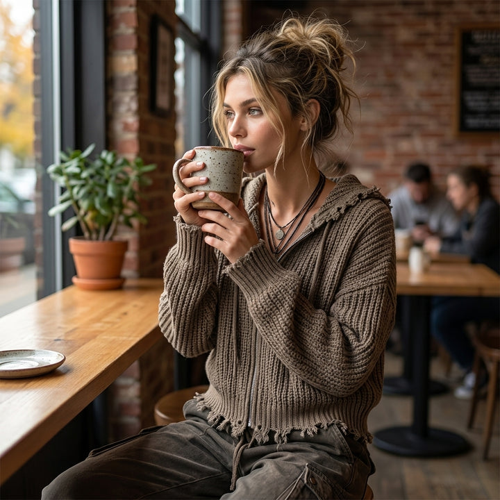 Junko – Cardigan en maille ambiance lifestyle café