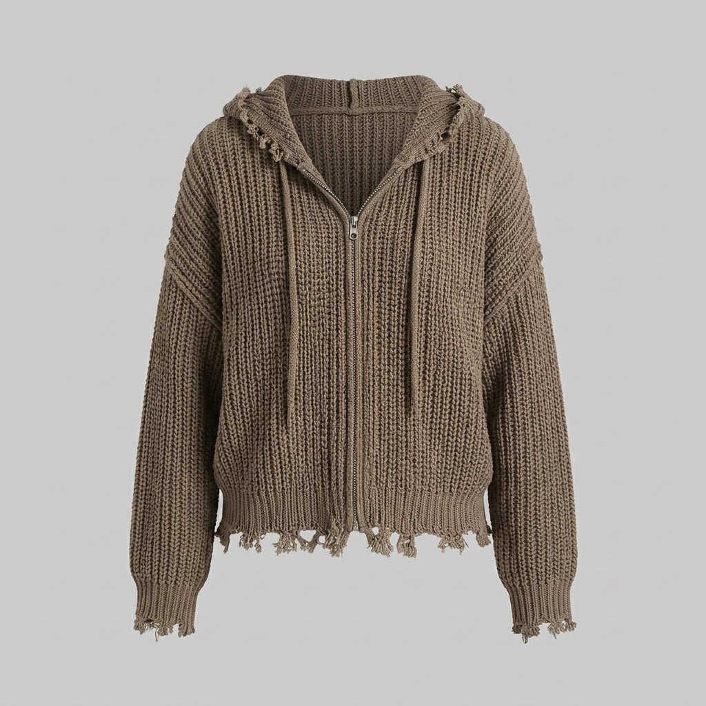 Junko – Cardigan zippé à capuche grosse maille taupe