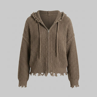 Junko – Cardigan zippé à capuche grosse maille taupe