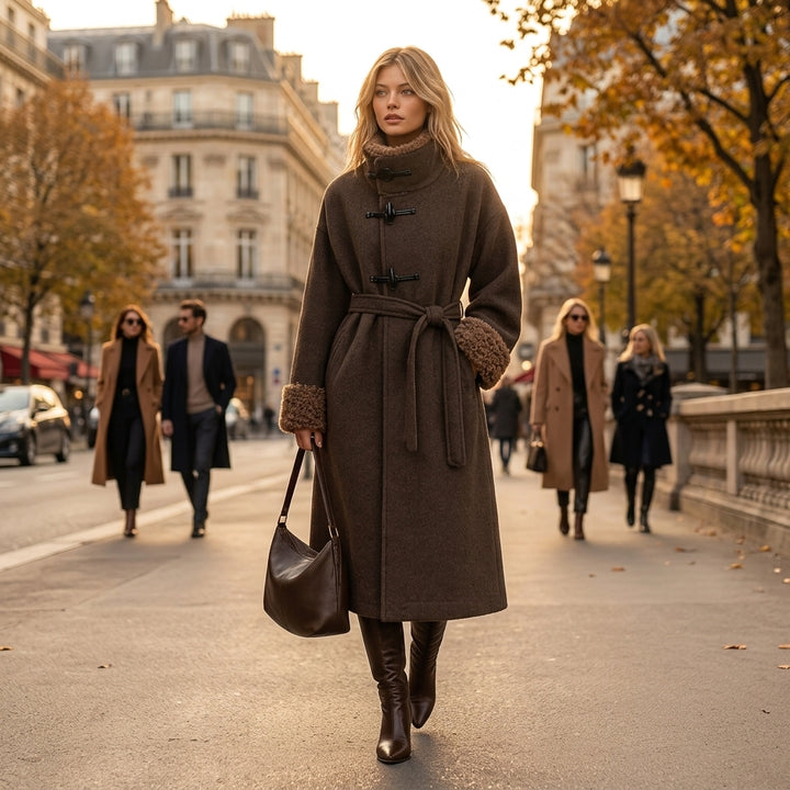 Izumi – Manteau long marron foncé porté en extérieur lifestyle