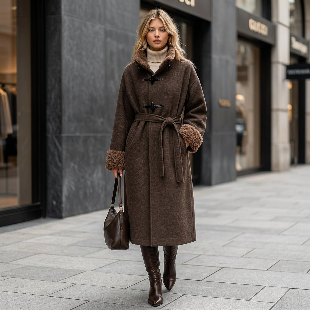 Izumi – Manteau ceinturé marron foncé lookbook urbain