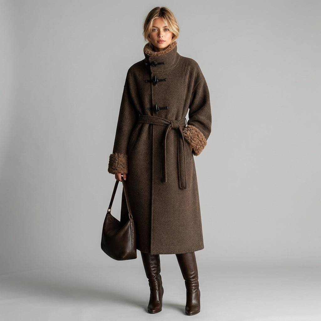 Izumi – Manteau long finitions teddy vue silhouette
