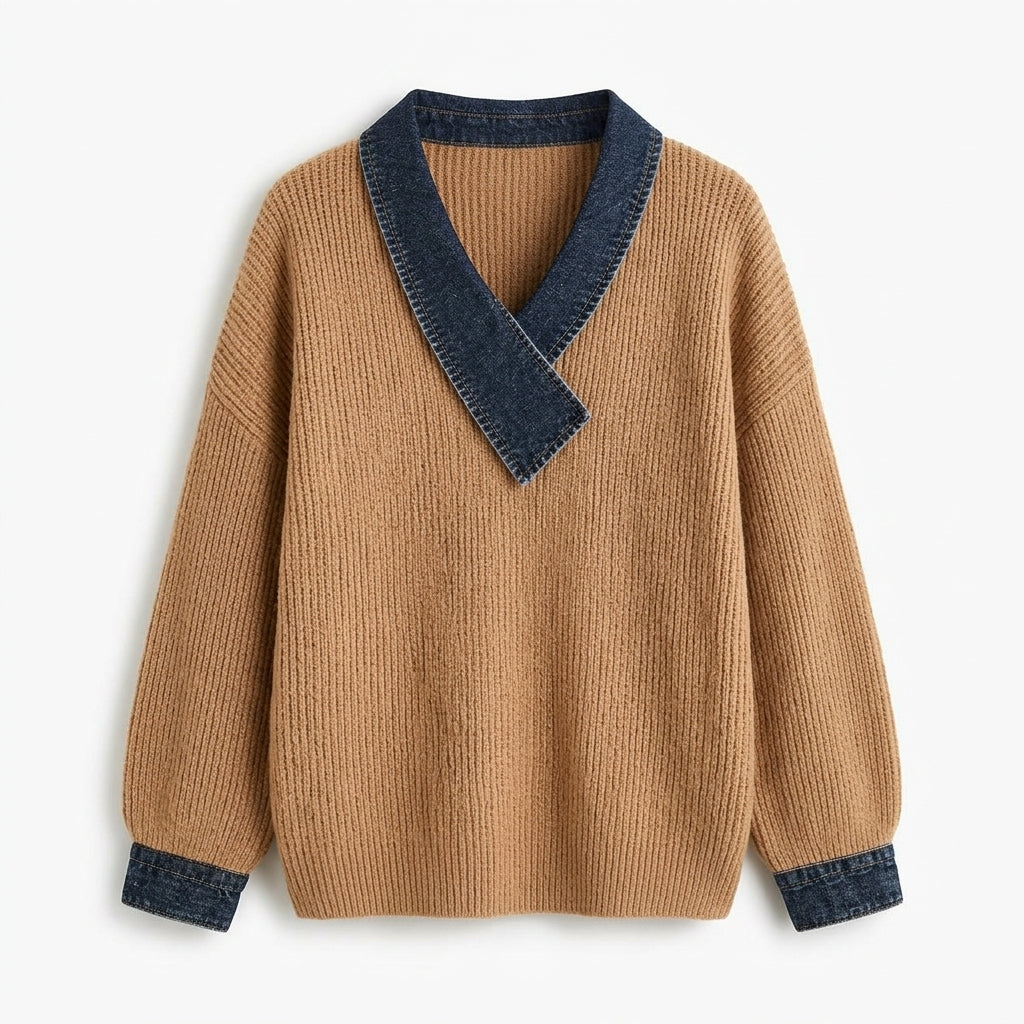 Momo – pull camel col V avec empiècements denim