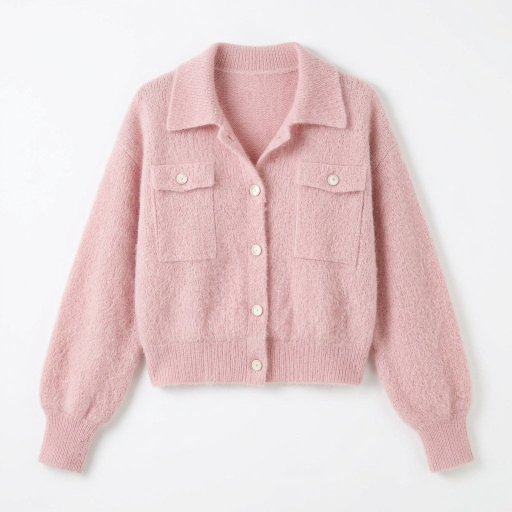 Maki – Cardigan en maille duveteuse rose tendre sur fond blanc studio