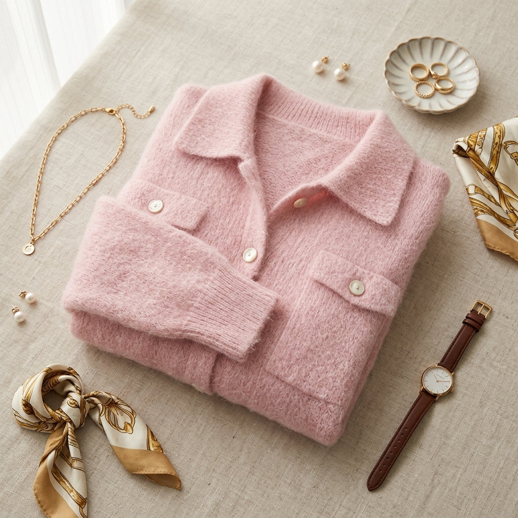 Maki – Mise en avant détails et finitions du cardigan rose tendre