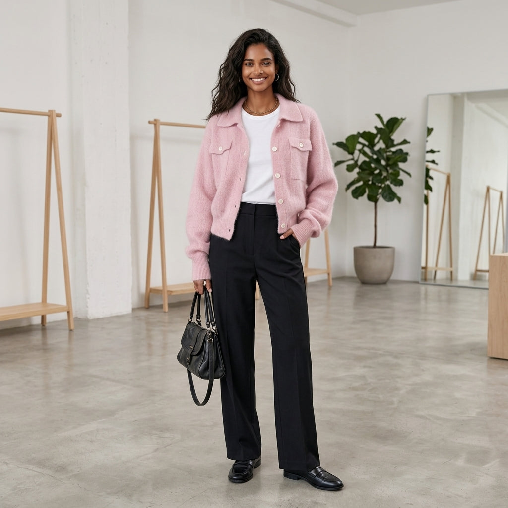 Maki – Cardigan col revers rose tendre lookbook mannequin