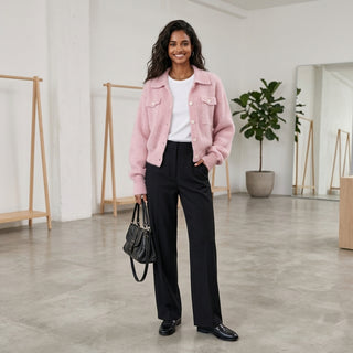 Maki – Cardigan col revers rose tendre lookbook mannequin