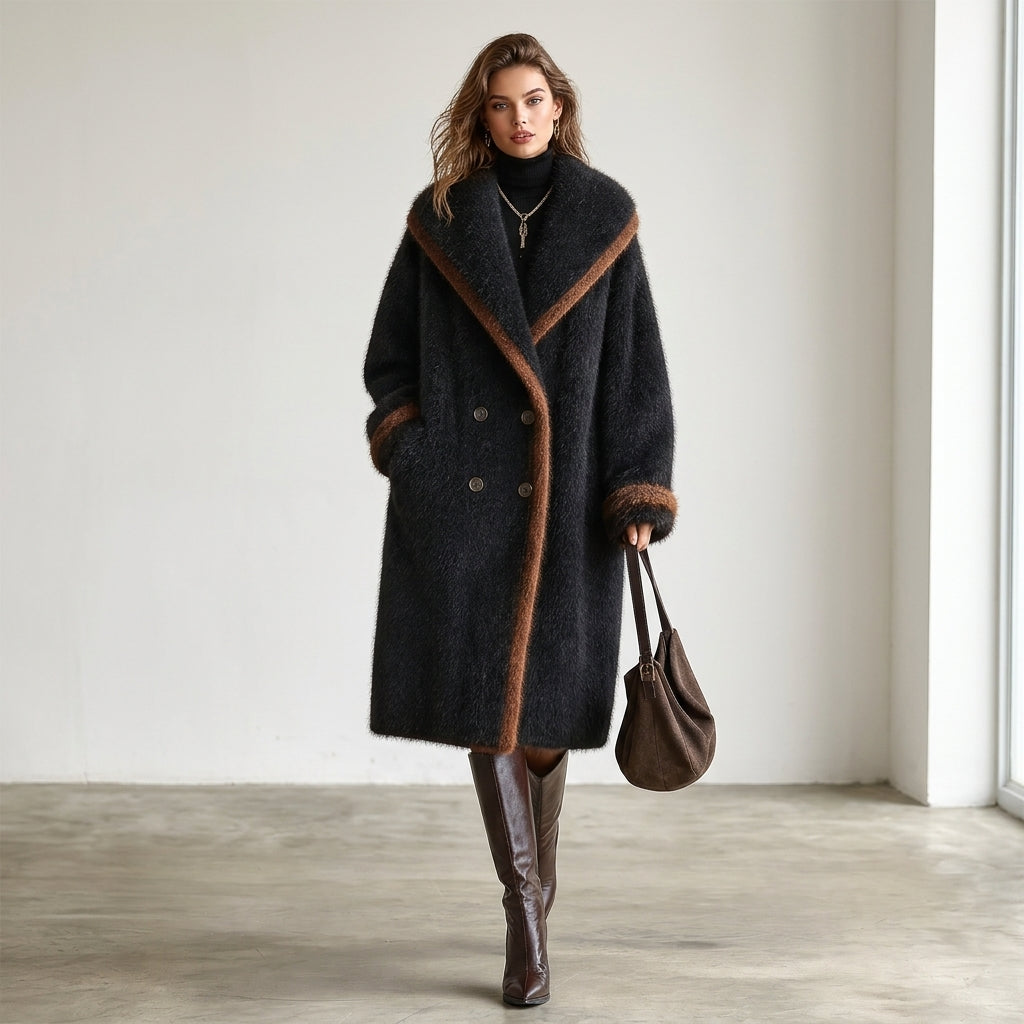 Moe – Manteau noir croisé porté avec bottes hautes