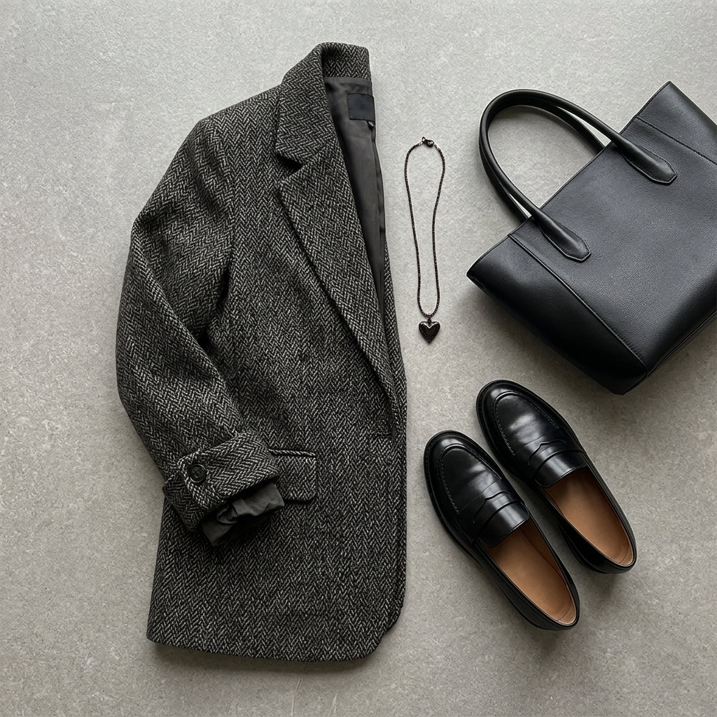 Mizuki blazer effet tweed à chevrons - Flat lay et accessoires