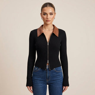 Iroha - Cardigan zippé noir col effet cuir - Photo principale studio