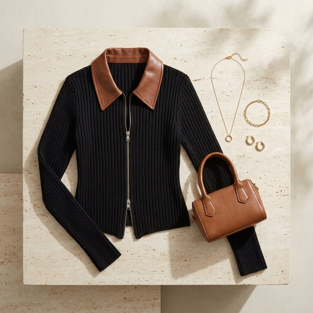 Iroha - Flat lay accessoires et cardigan en maille côtelée