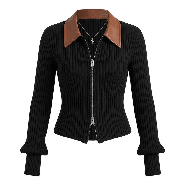 Iroha - Cardigan zippé noir col effet cuir - Fond blanc studio pur