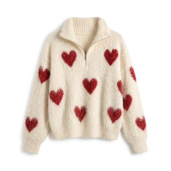 Miyabi pull demi-zip blanc cassé à cœurs rouges - Fond blanc studio épuré