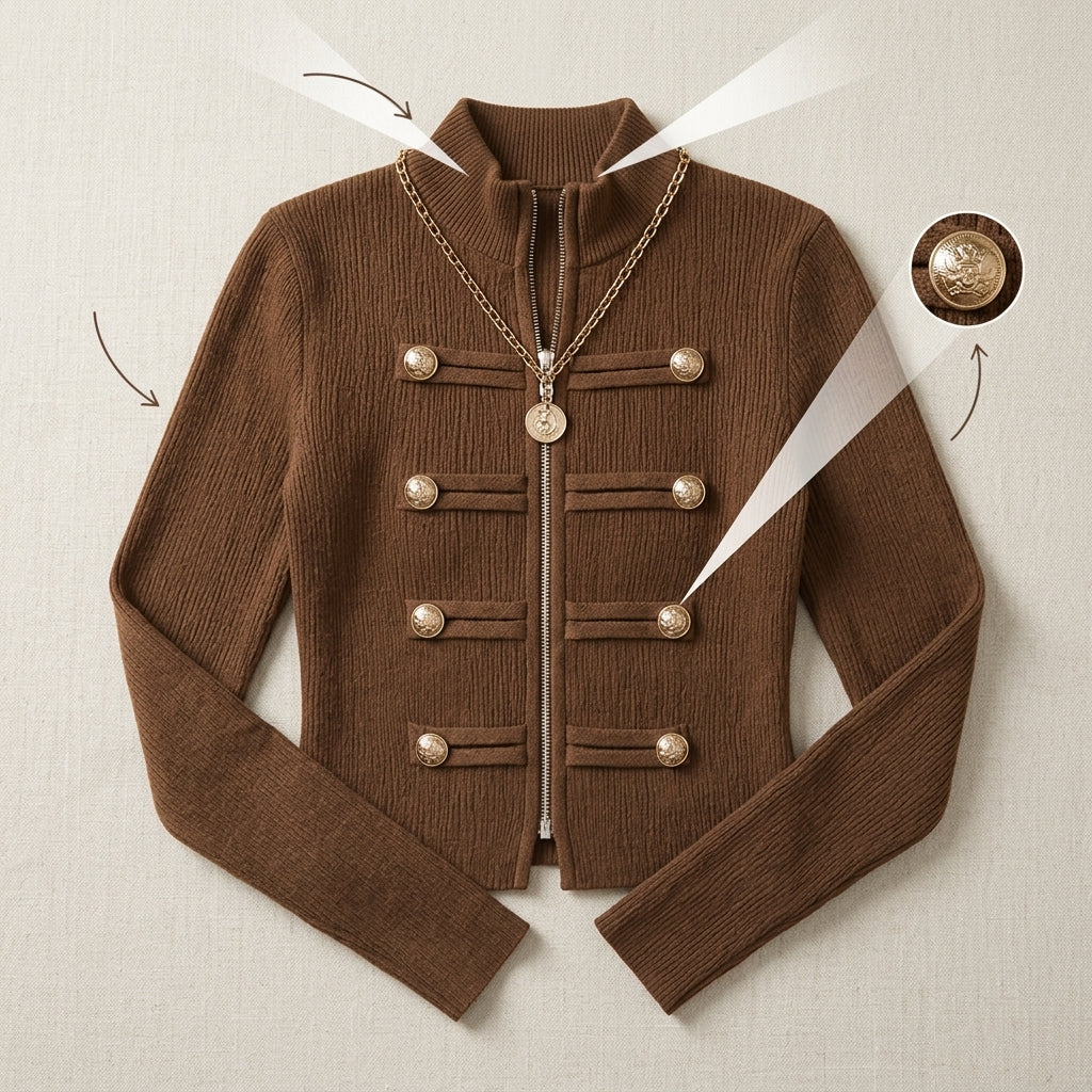 Emiko – Cardigan côtelé zippé vue détails et points forts