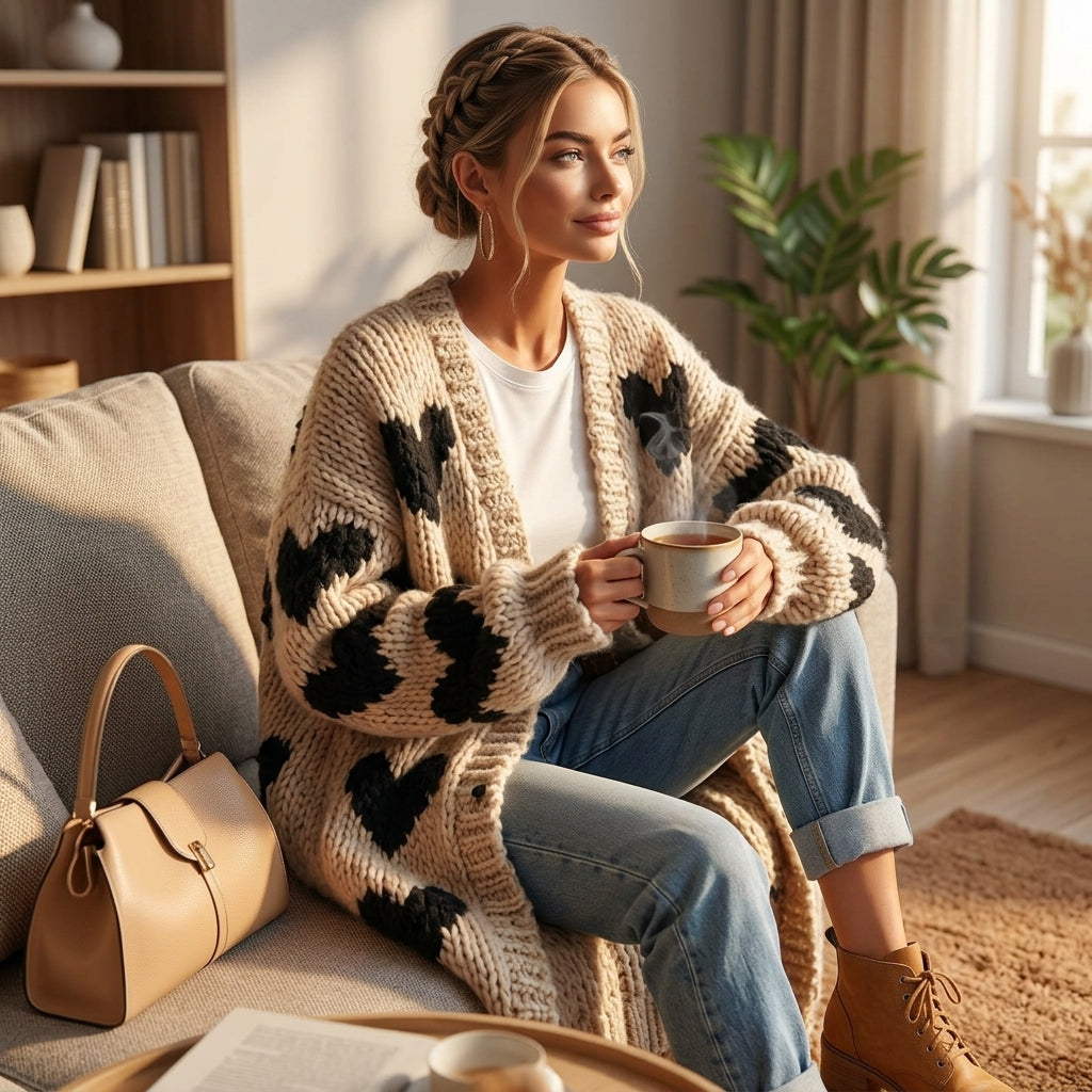 Oto - Cardigan long porté dans un intérieur cosy