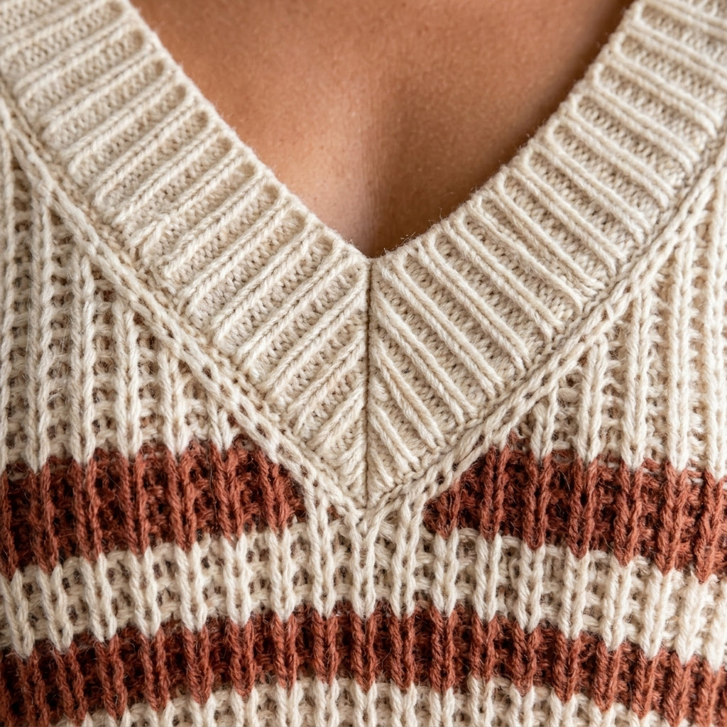 Pull Aimi – gros plan maille côtelée et encolure col V