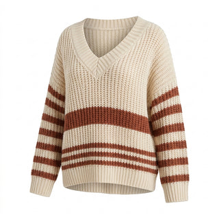 Pull Aimi col V à liserés contrastés – fond blanc pur 