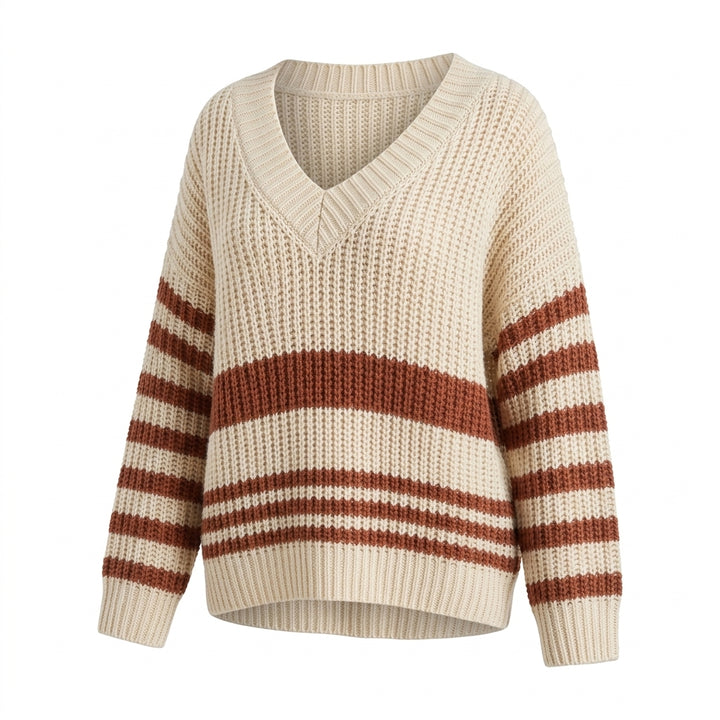 Pull Aimi col V à liserés contrastés – fond blanc pur 