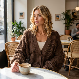 Shima – Cardigan marron porté en ambiance café lifestyle