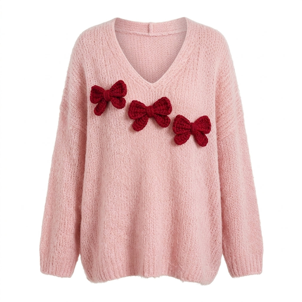 Kotori - Pull col V en maille duveteuse rose sur fond blanc