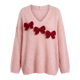 Kotori - Pull col V en maille duveteuse rose sur fond blanc