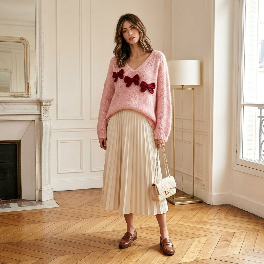Kotori - Look complet pull rose duveteux et jupe plissée