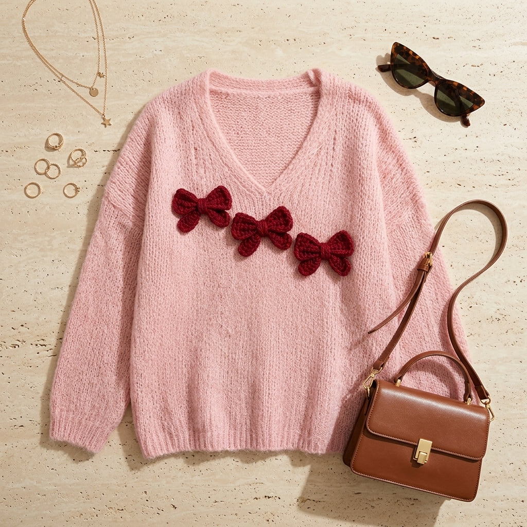Kotori - Flat lay pull rose à nœuds et accessoires