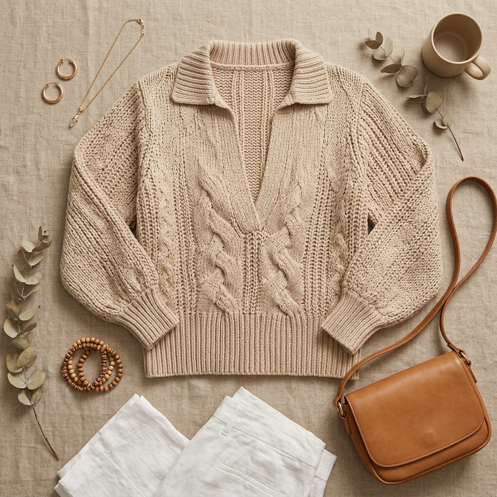 Kisa – composition à plat pull beige et accessoires