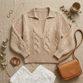 Kisa – composition à plat pull beige et accessoires