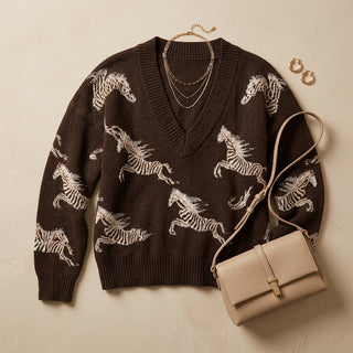 Fujiko – Flat lay pull marron jacquard zébré et accessoires