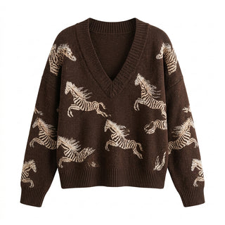 Fujiko – Pull col V jacquard zébré marron fond blanc