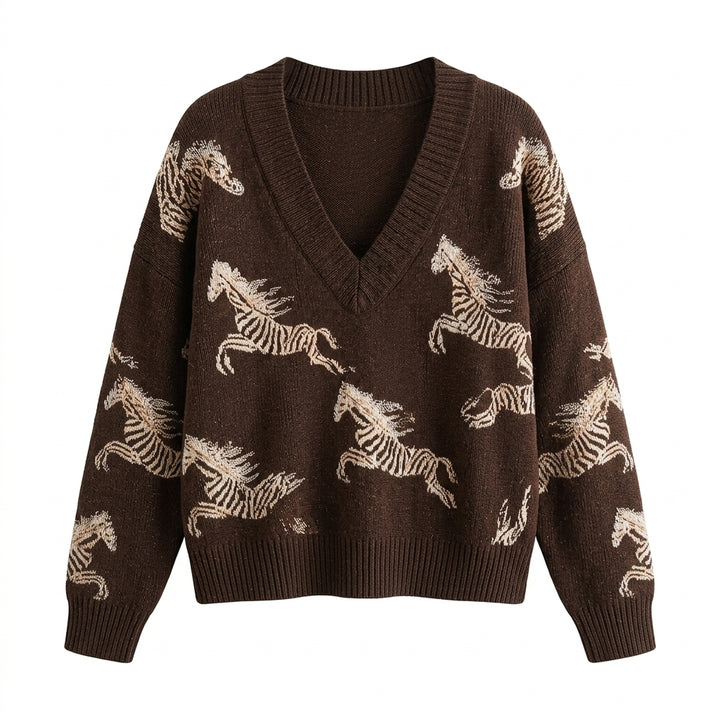 Fujiko – Pull col V jacquard zébré marron fond blanc