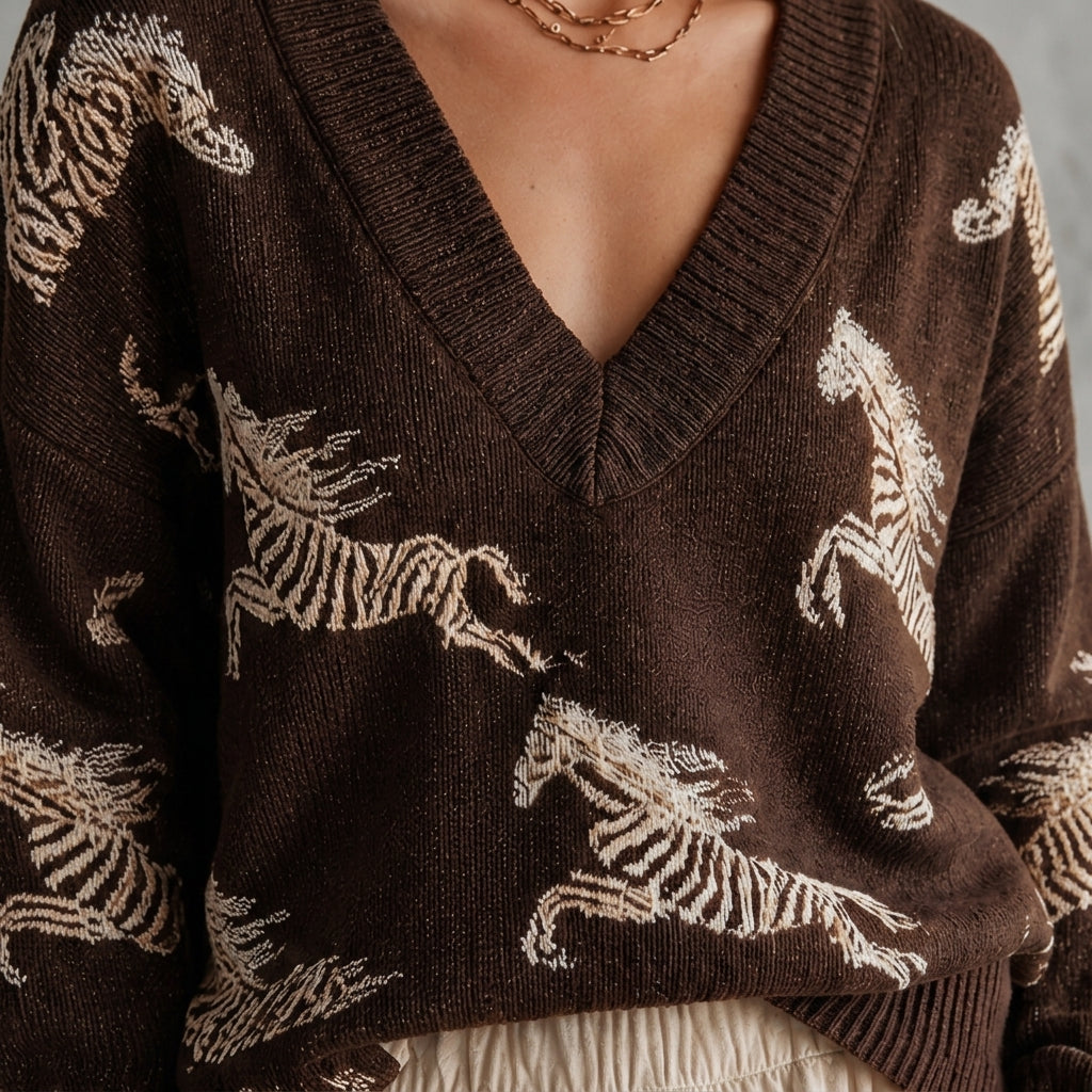 Fujiko – Gros plan maille jacquard zébré et finitions col V
