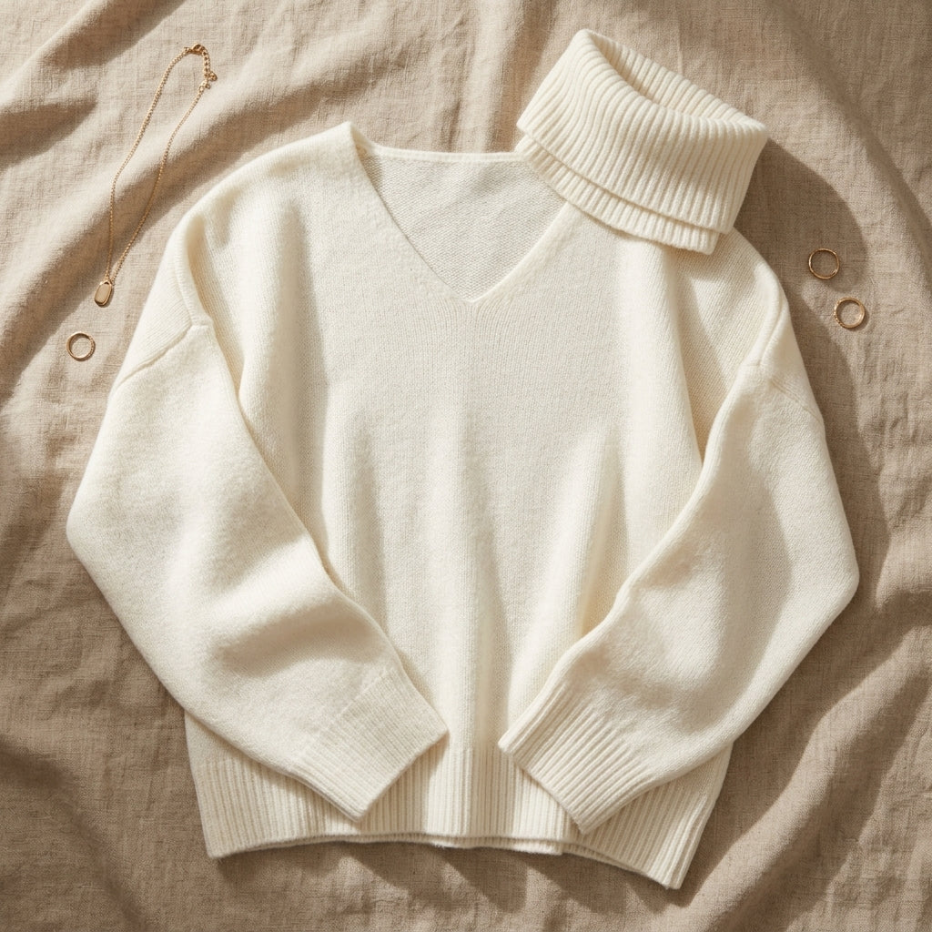 Présentation à plat sur lin naturel du pull Asami blanc crème