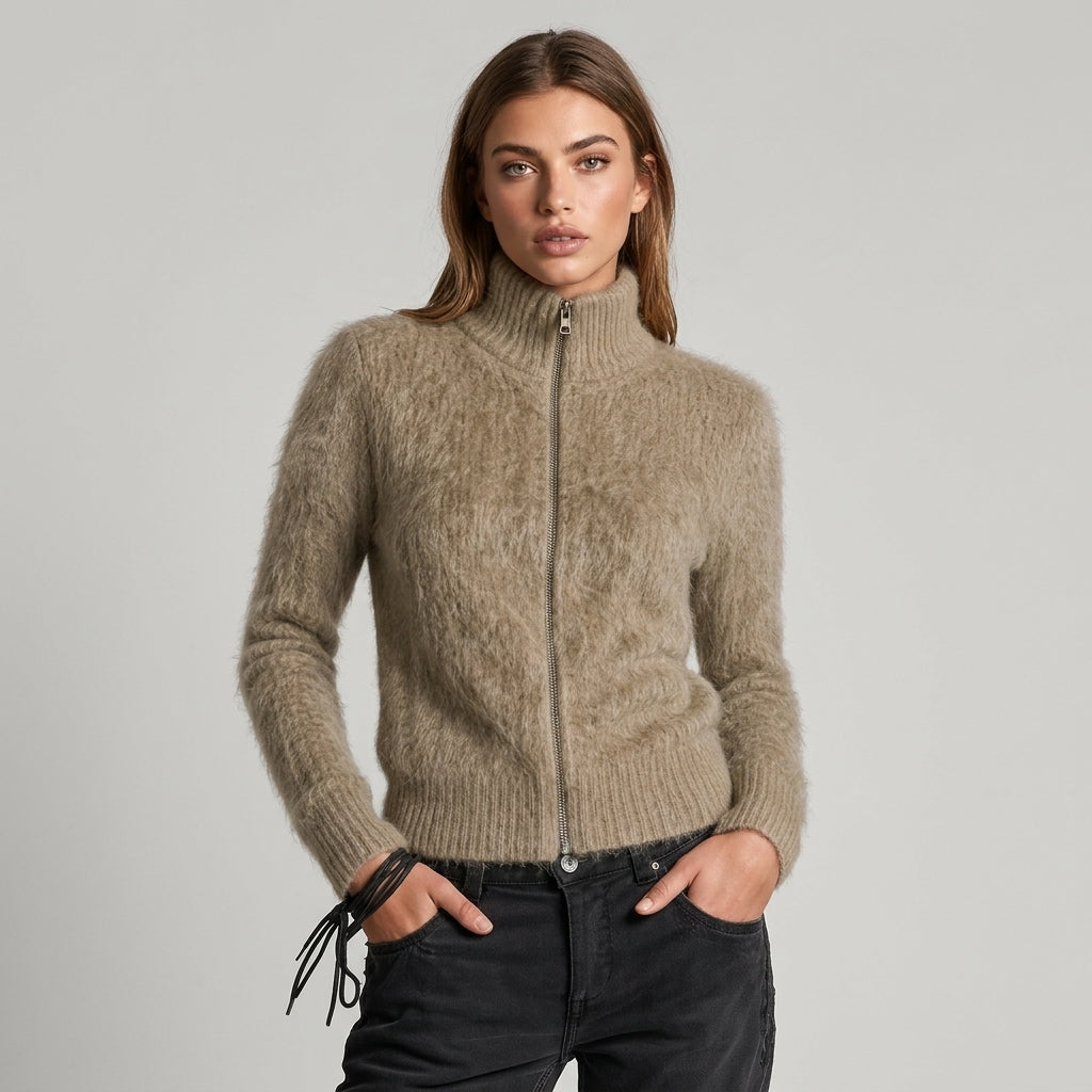 Tama – Cardigan zippé taupe clair vue principale