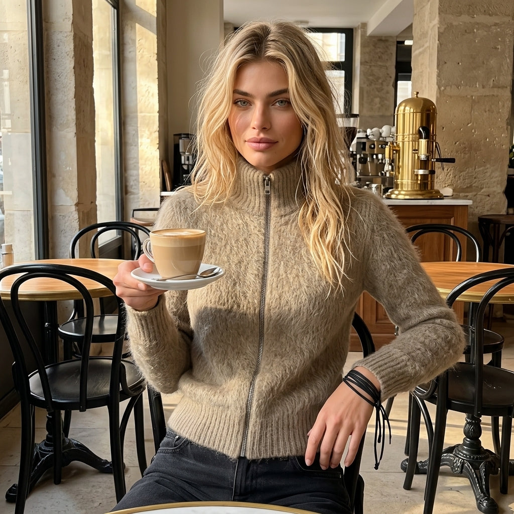 Tama – Cardigan zippé ambiance lifestyle café