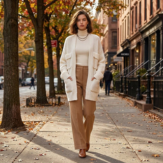 Cardigan oversize Koto blanc crème - Porté en extérieur