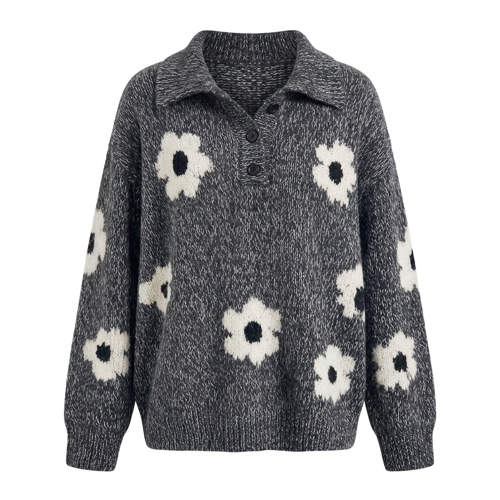 Chiharu – pull jacquard fleuri gris vue principale