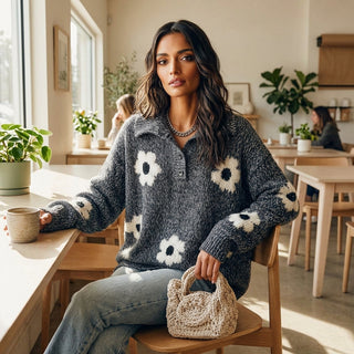 Chiharu – pull gris motif fleuri ambiance lifestyle café