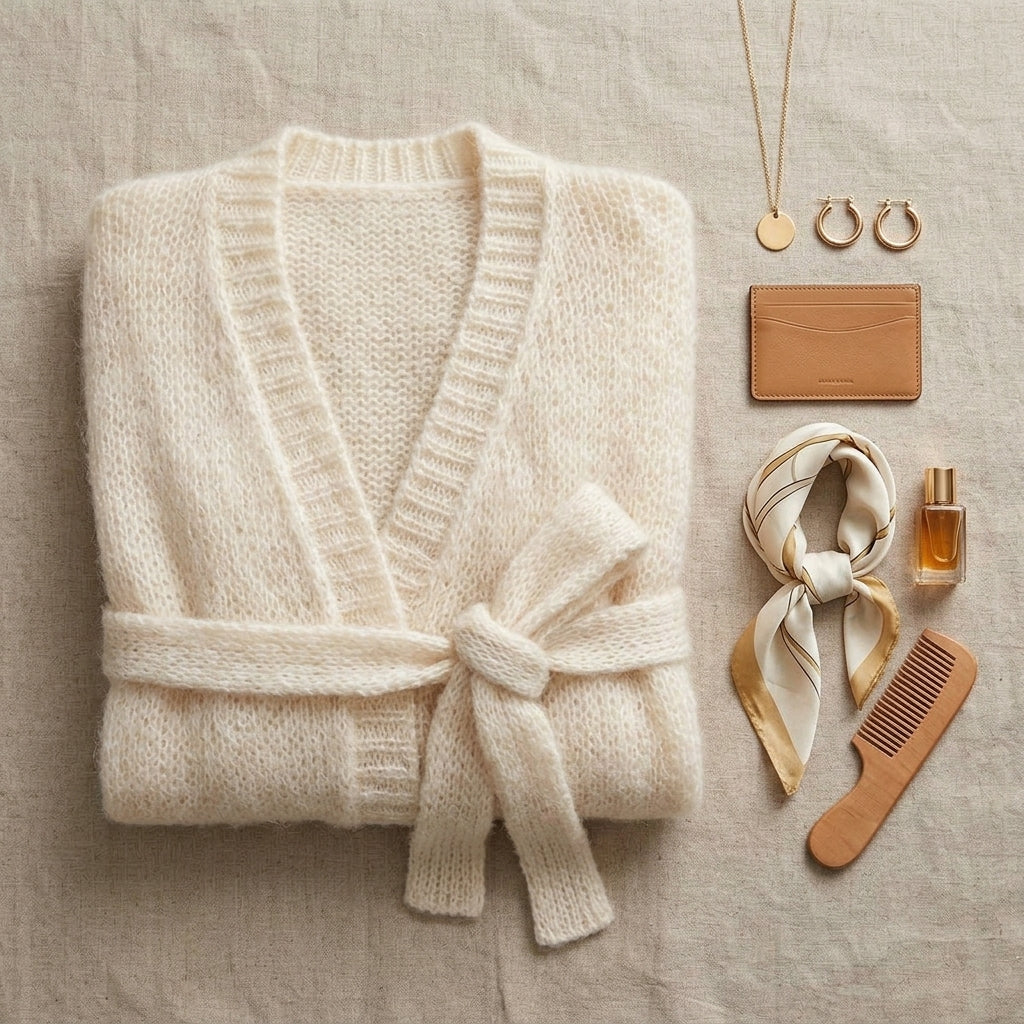 Toki – Présentation flatlay cardigan ceinturé blanc crème