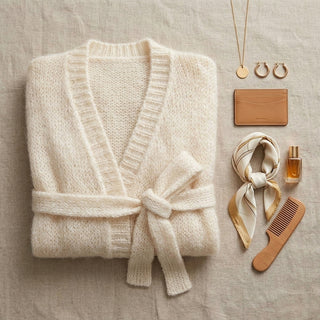 Toki – Présentation flatlay cardigan ceinturé blanc crème