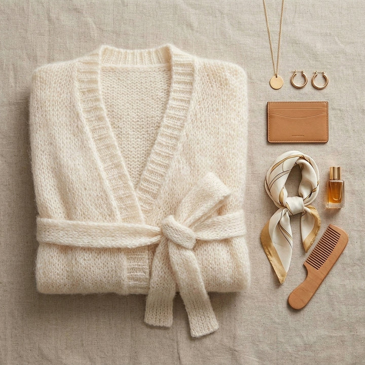 Toki – Présentation flatlay cardigan ceinturé blanc crème