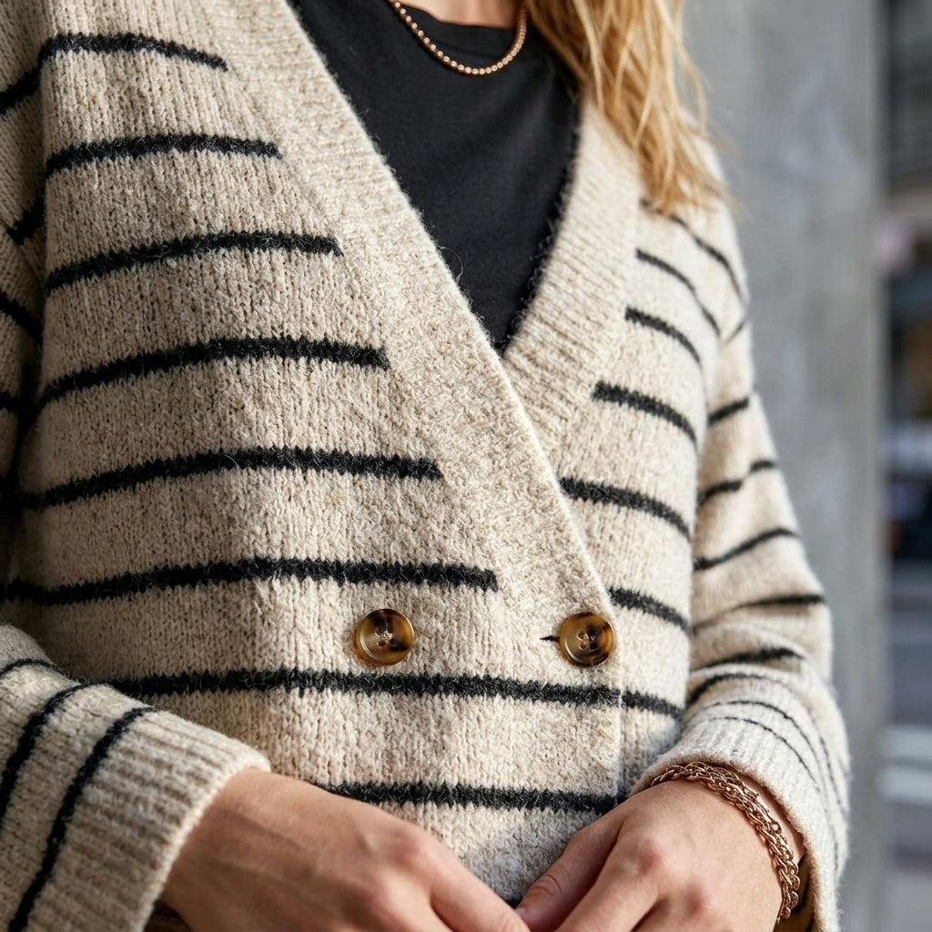 Nao – Gros plan sur la maille beige avoine et les boutons écaille