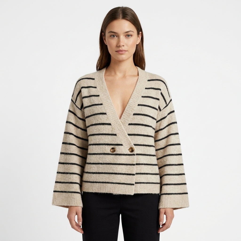 Nao – Cardigan croisé rayé avoine sur fond blanc pur